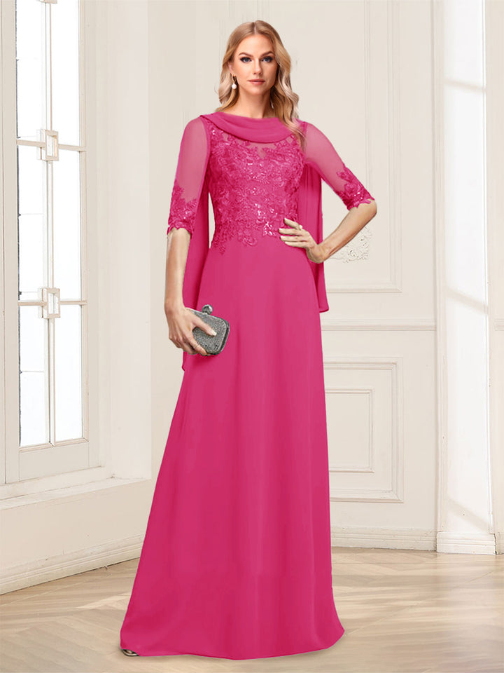 A-Line/Princess Scoop Half Sleeves Floor-Length Mother of the Bride Dresses with Lace&amp;Ruched