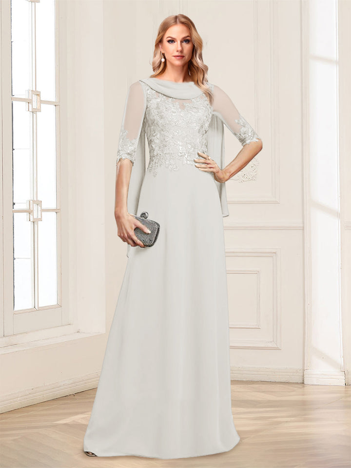 A-Line/Princess Scoop Half Sleeves Floor-Length Mother of the Bride Dresses with Lace&amp;Ruched