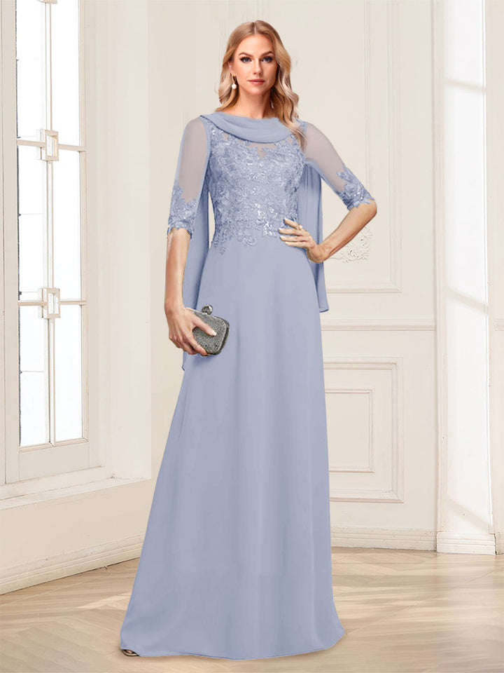 A-Line/Princess Scoop Half Sleeves Floor-Length Mother of the Bride Dresses with Lace&amp;Ruched