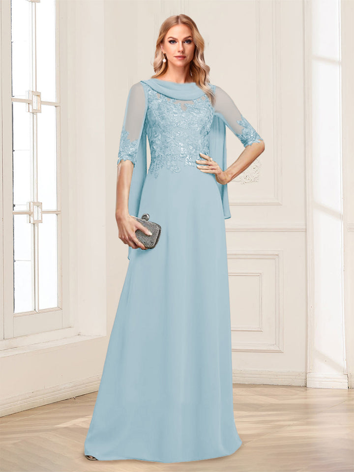 A-Line/Princess Scoop Half Sleeves Floor-Length Mother of the Bride Dresses with Lace&amp;Ruched