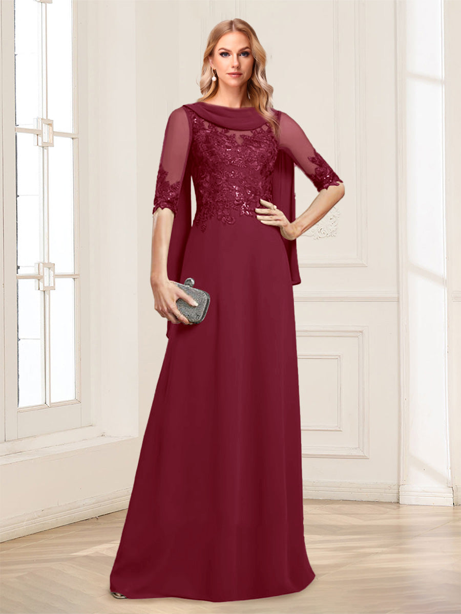 A-Line/Princess Scoop Half Sleeves Floor-Length Mother of the Bride Dresses with Lace&amp;Ruched