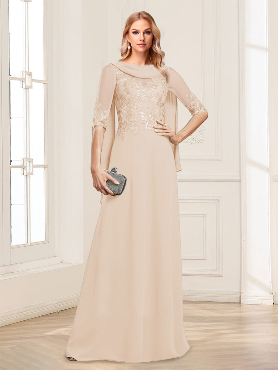 A-Line/Princess Scoop Half Sleeves Floor-Length Mother of the Bride Dresses with Lace&amp;Ruched