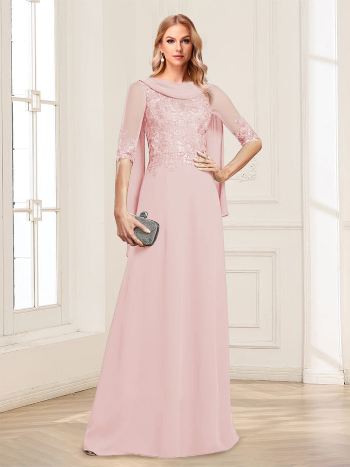 A-Line/Princess Scoop Half Sleeves Floor-Length Mother of the Bride Dresses with Lace&amp;Ruched