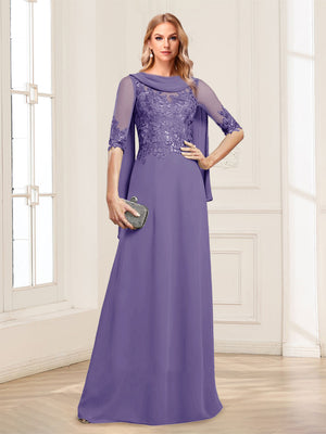 A-Line/Princess Scoop Half Sleeves Floor-Length Mother of the Bride Dresses with Lace&Ruched