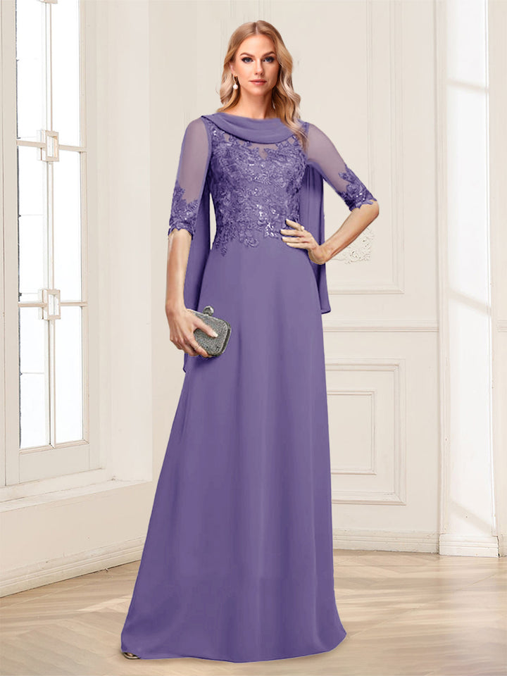 A-Line/Princess Scoop Half Sleeves Floor-Length Mother of the Bride Dresses with Lace&amp;Ruched