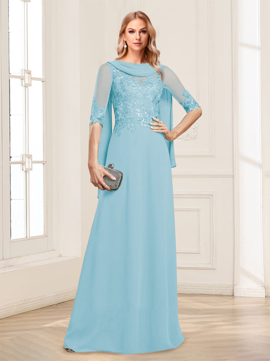 A-Line/Princess Scoop Half Sleeves Floor-Length Mother of the Bride Dresses with Lace&amp;Ruched