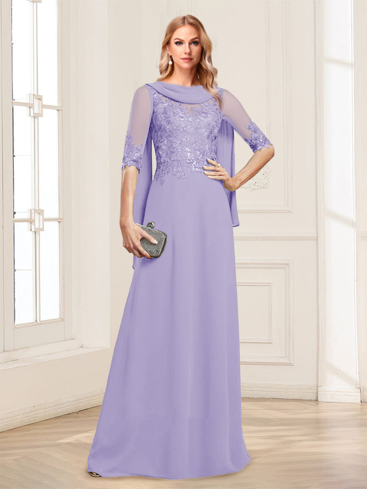 A-Line/Princess Scoop Half Sleeves Floor-Length Mother of the Bride Dresses with Lace&amp;Ruched