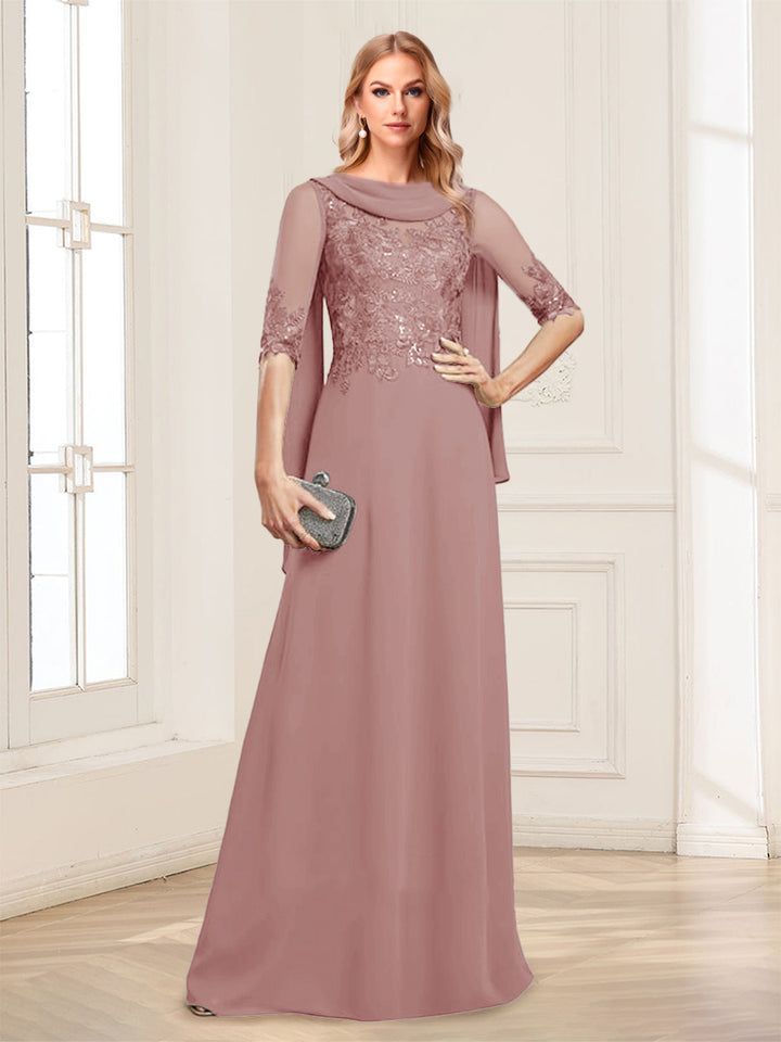 A-Line/Princess Scoop Half Sleeves Floor-Length Mother of the Bride Dresses with Lace&amp;Ruched