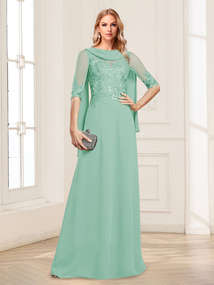 A-Line/Princess Scoop Half Sleeves Floor-Length Mother of the Bride Dresses with Lace&amp;Ruched