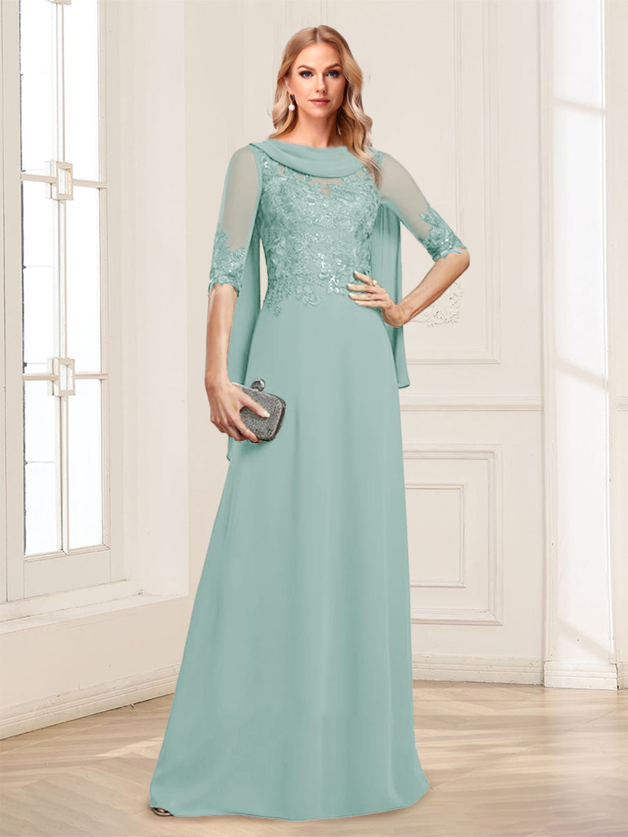 A-Line/Princess Scoop Half Sleeves Floor-Length Mother of the Bride Dresses with Lace&amp;Ruched