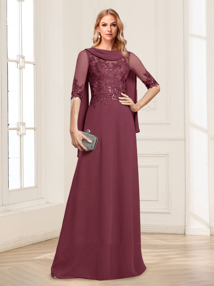 A-Line/Princess Scoop Half Sleeves Floor-Length Mother of the Bride Dresses with Lace&amp;Ruched