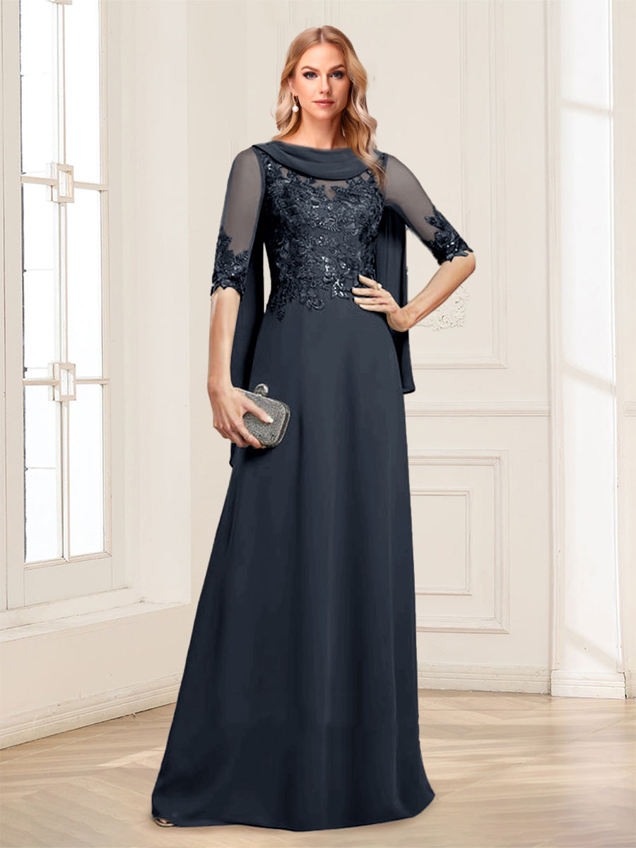 A-Line/Princess Scoop Half Sleeves Floor-Length Mother of the Bride Dresses with Lace&amp;Ruched