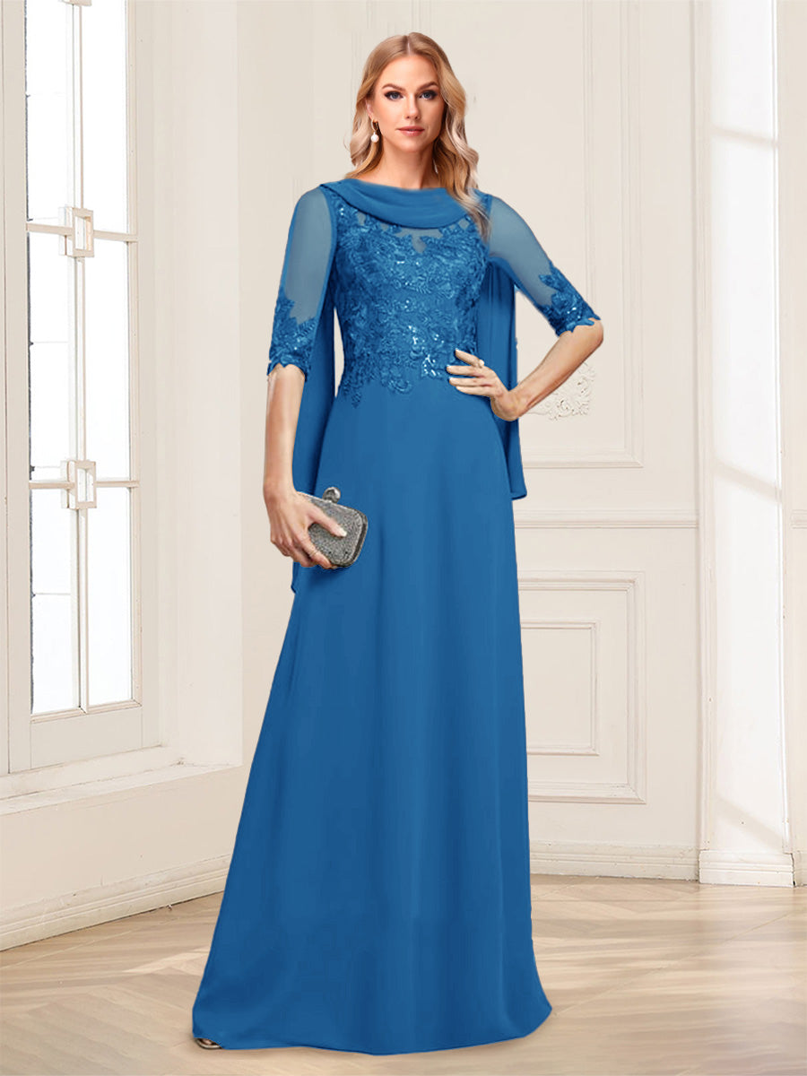 A-Line/Princess Scoop Half Sleeves Floor-Length Mother of the Bride Dresses with Lace&amp;Ruched