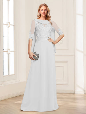 A-Line/Princess Scoop Half Sleeves Floor-Length Mother of the Bride Dresses with Lace&Ruched