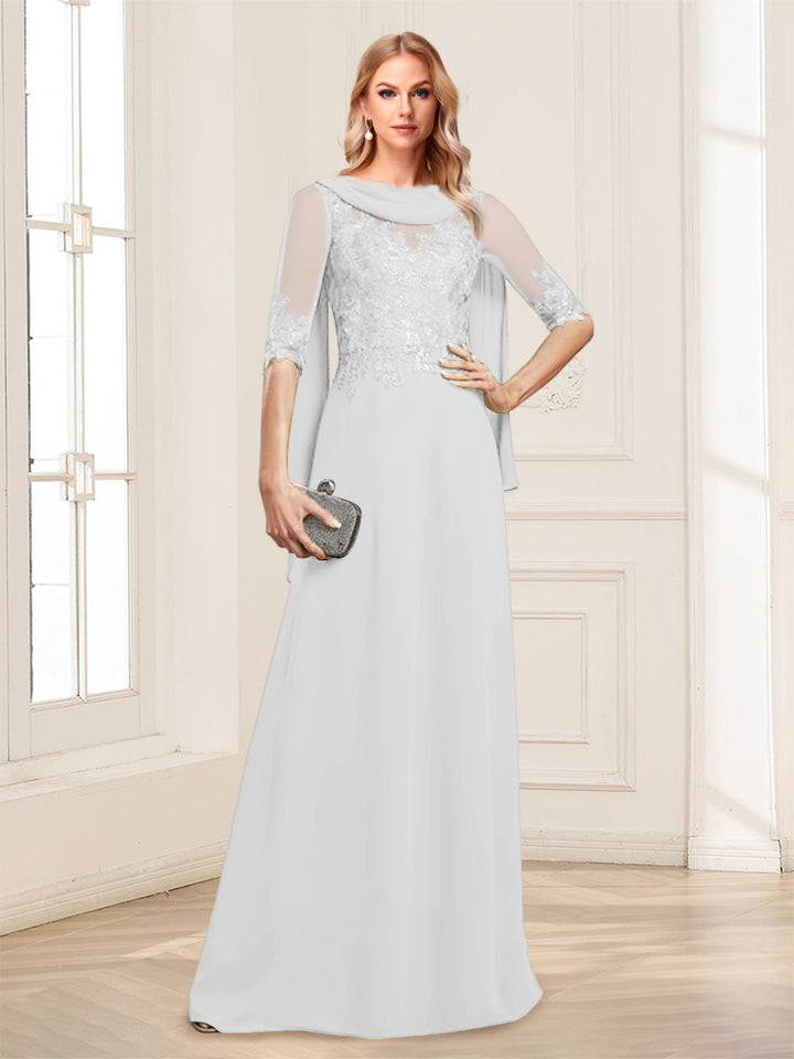A-Line/Princess Scoop Half Sleeves Floor-Length Mother of the Bride Dresses with Lace&amp;Ruched