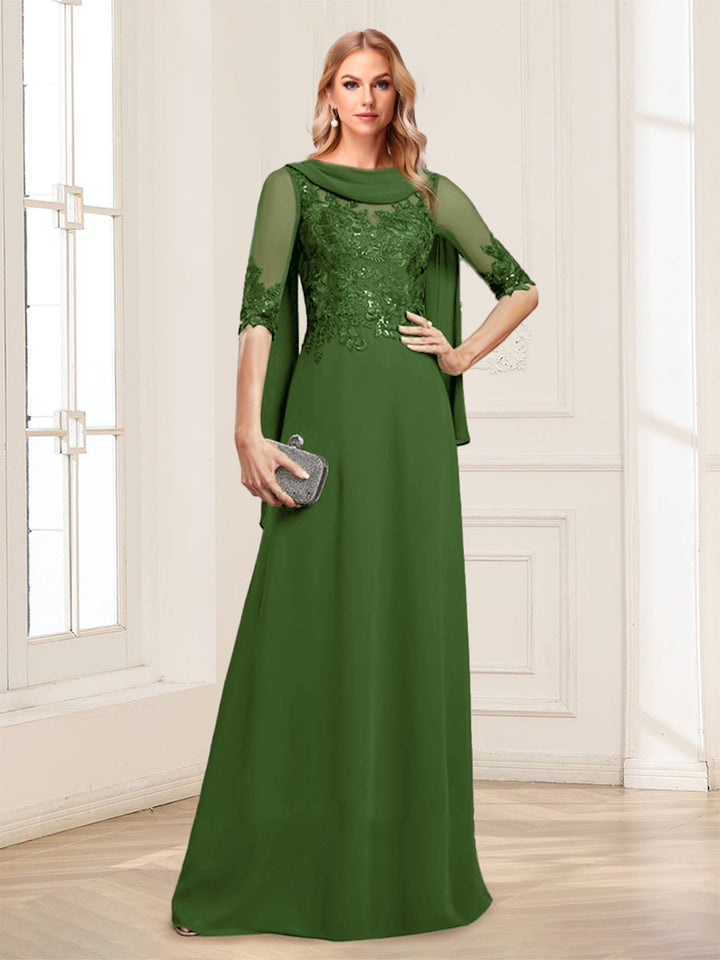 A-Line/Princess Scoop Half Sleeves Floor-Length Mother of the Bride Dresses with Lace&amp;Ruched