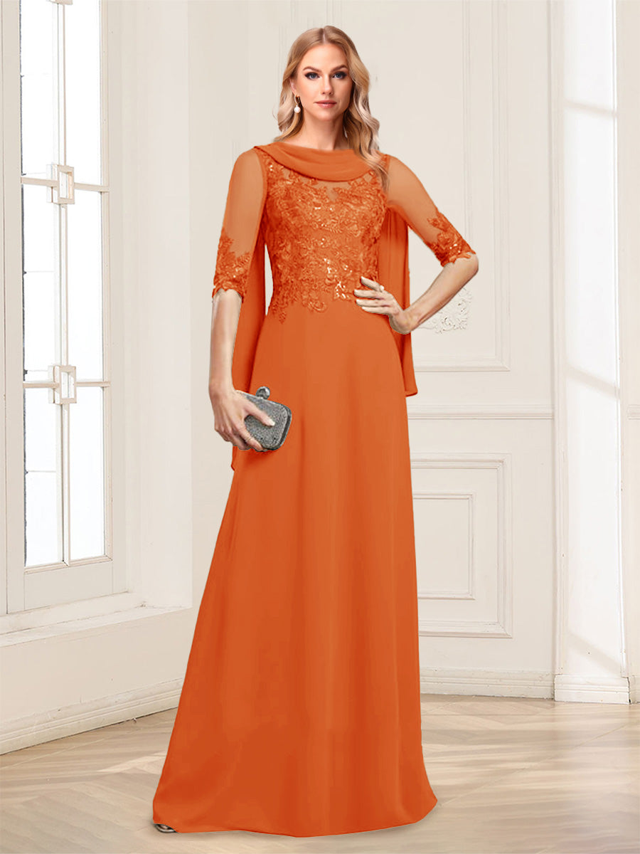 A-Line/Princess Scoop Half Sleeves Floor-Length Mother of the Bride Dresses with Lace&amp;Ruched