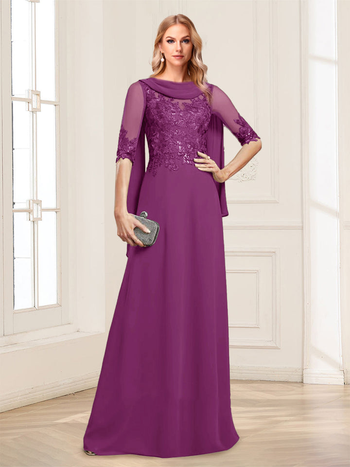 A-Line/Princess Scoop Half Sleeves Floor-Length Mother of the Bride Dresses with Lace&amp;Ruched