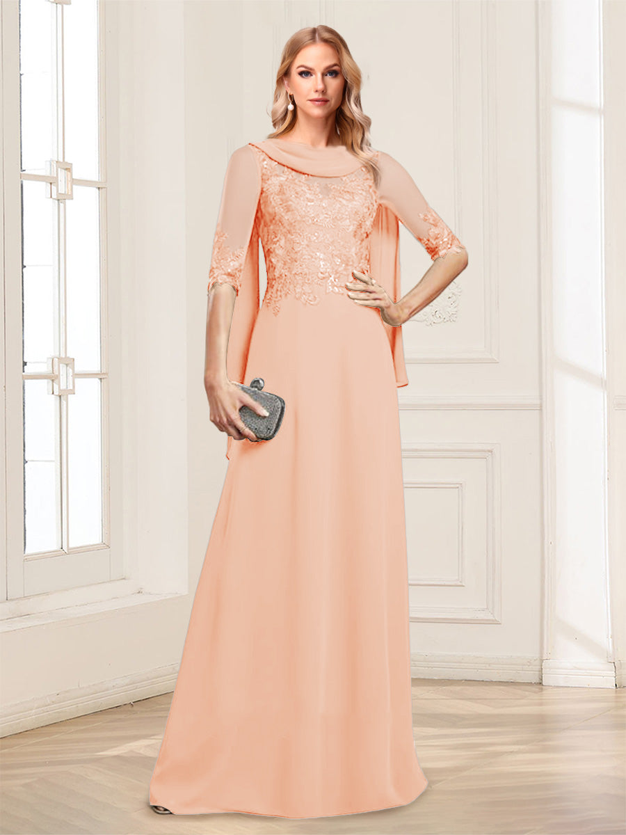 A-Line/Princess Scoop Half Sleeves Floor-Length Mother of the Bride Dresses with Lace&amp;Ruched