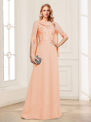 A-Line/Princess Scoop Half Sleeves Floor-Length Mother of the Bride Dresses with Lace&Ruched