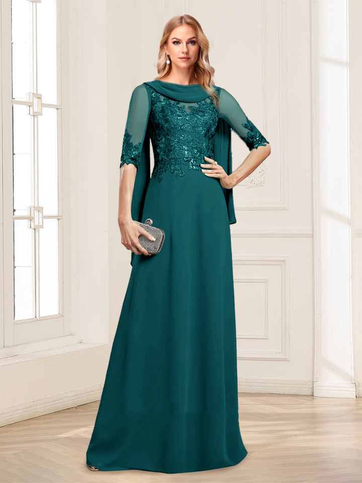 A-Line/Princess Scoop Half Sleeves Floor-Length Mother of the Bride Dresses with Lace&amp;Ruched
