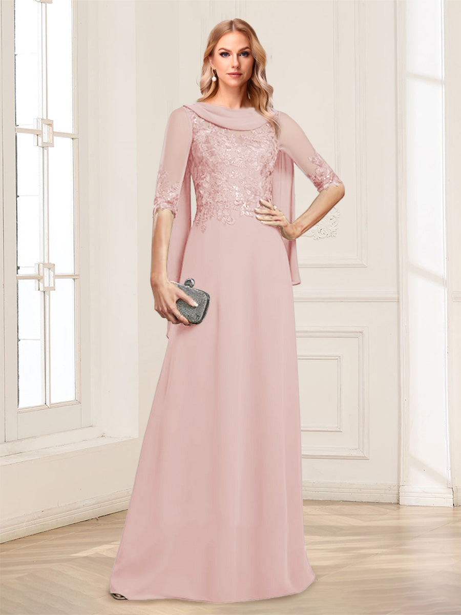 A-Line/Princess Scoop Half Sleeves Floor-Length Mother of the Bride Dresses with Lace&amp;Ruched