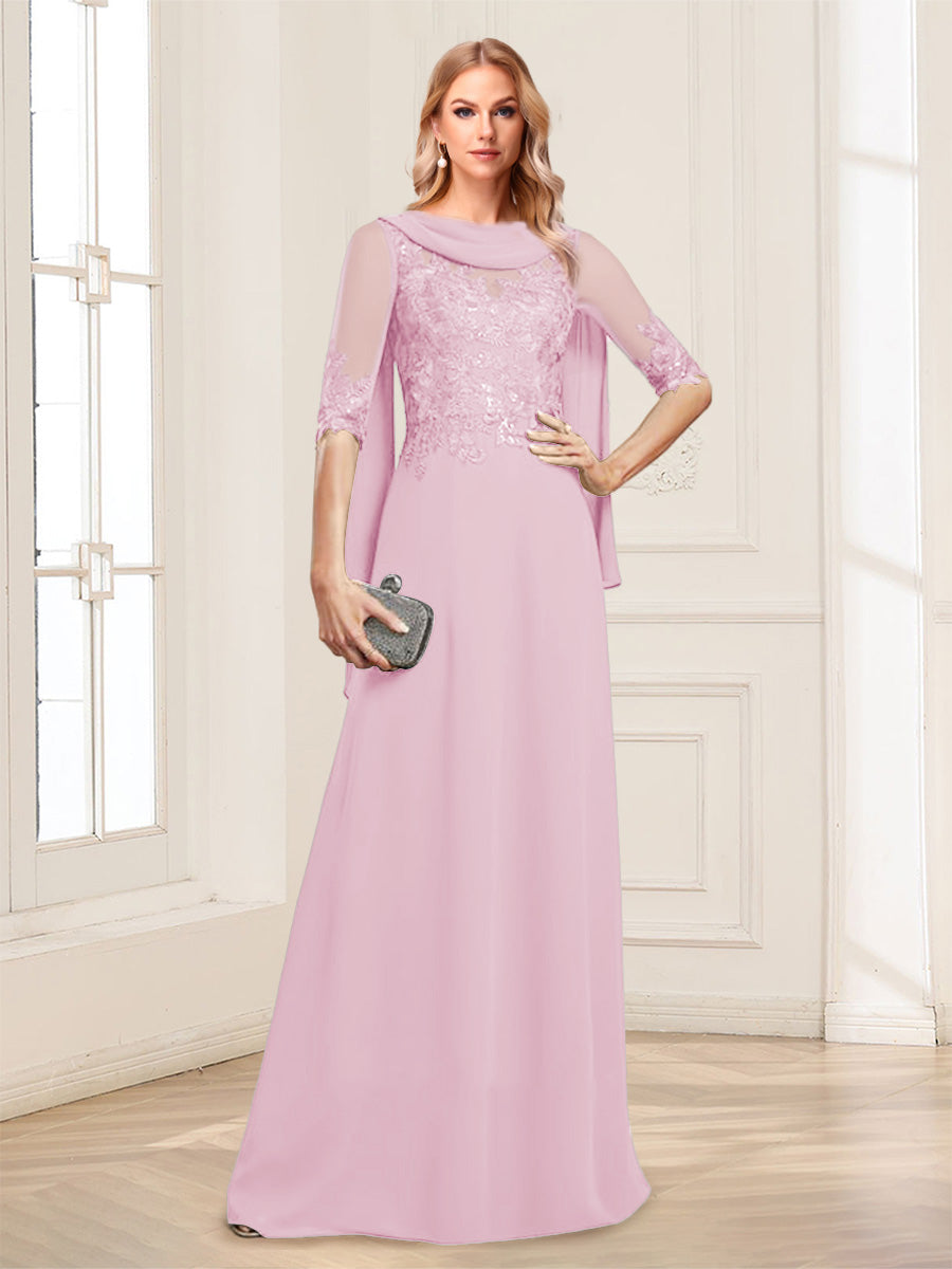 A-Line/Princess Scoop Half Sleeves Floor-Length Mother of the Bride Dresses with Lace&amp;Ruched