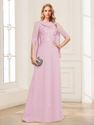 A-Line/Princess Scoop Half Sleeves Floor-Length Mother of the Bride Dresses with Lace&Ruched