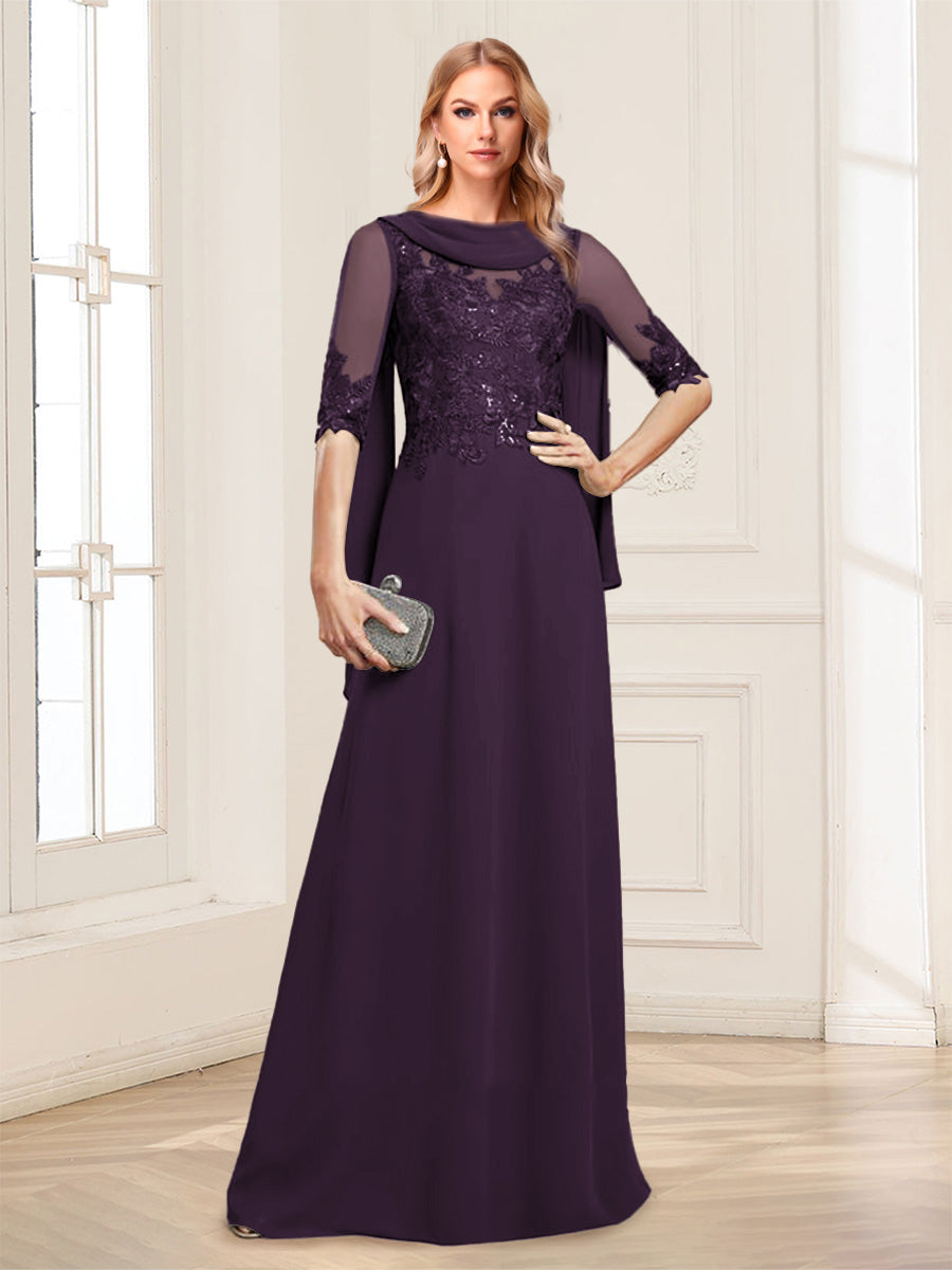 A-Line/Princess Scoop Half Sleeves Floor-Length Mother of the Bride Dresses with Lace&amp;Ruched