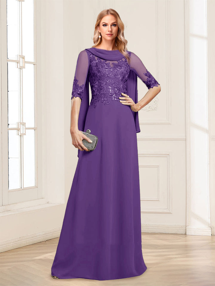 A-Line/Princess Scoop Half Sleeves Floor-Length Mother of the Bride Dresses with Lace&amp;Ruched