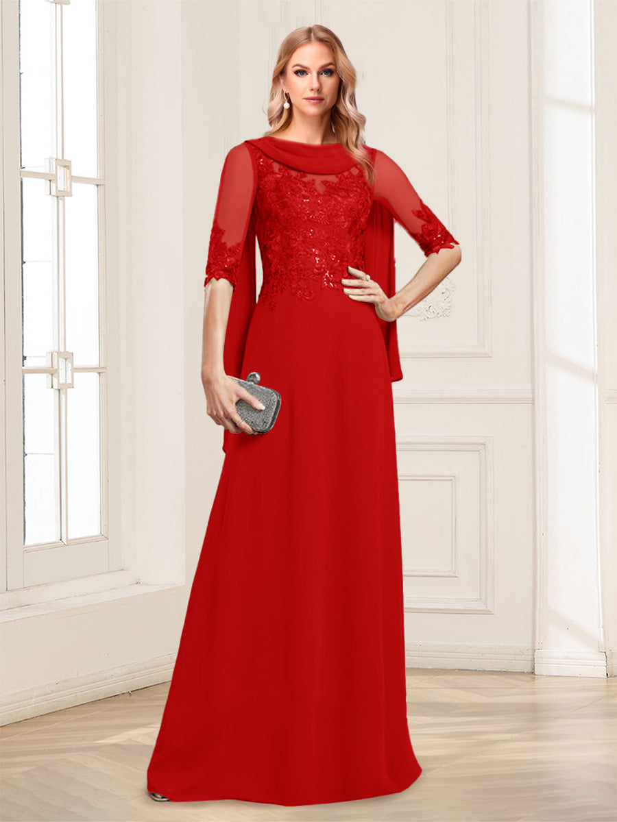 A-Line/Princess Scoop Half Sleeves Floor-Length Mother of the Bride Dresses with Lace&amp;Ruched