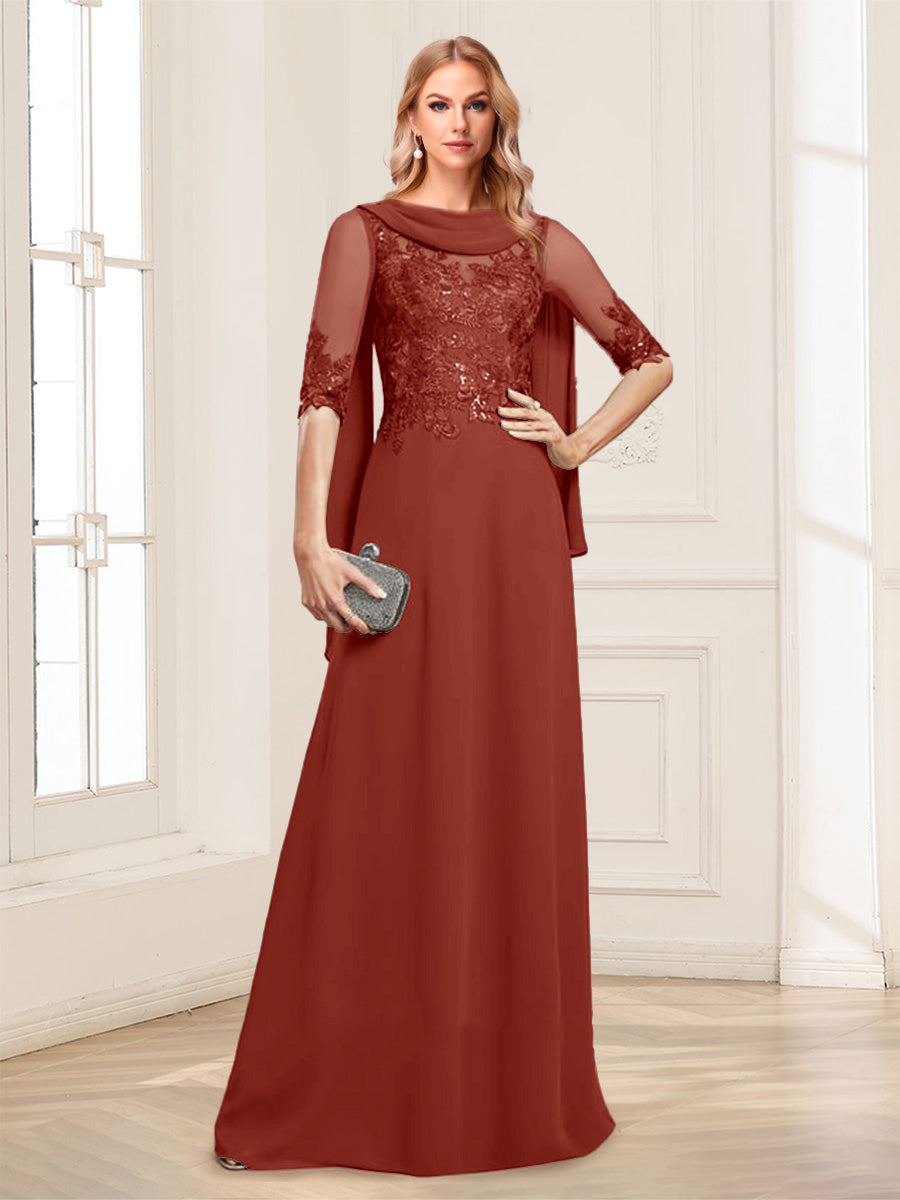 A-Line/Princess Scoop Half Sleeves Floor-Length Mother of the Bride Dresses with Lace&amp;Ruched