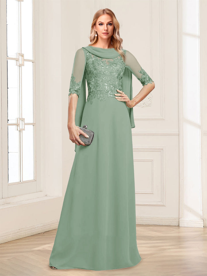 A-Line/Princess Scoop Half Sleeves Floor-Length Mother of the Bride Dresses with Lace&amp;Ruched