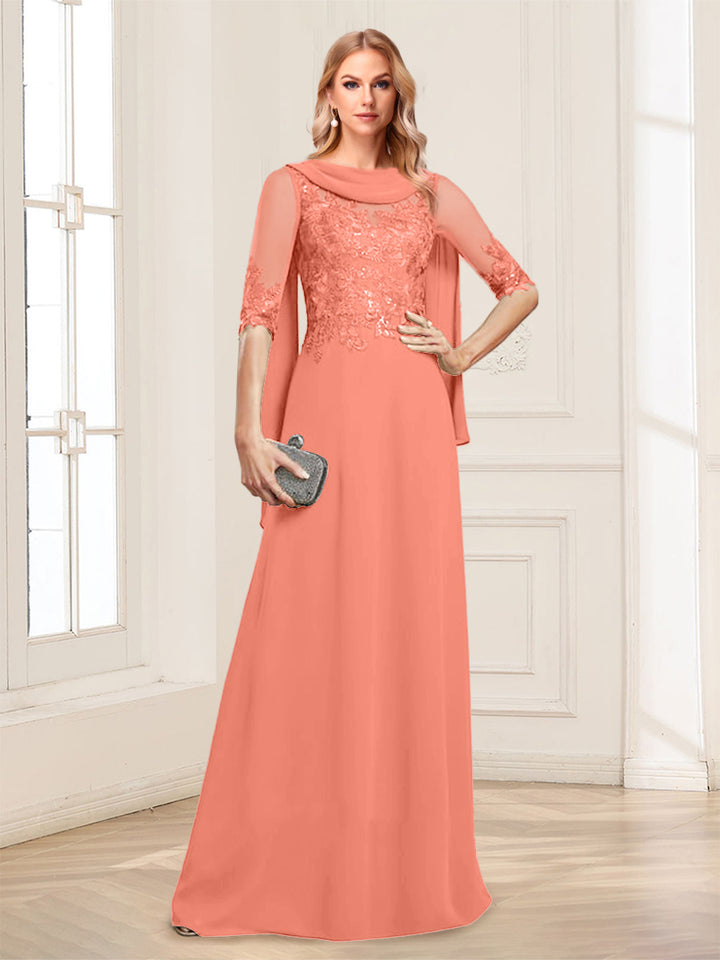 A-Line/Princess Scoop Half Sleeves Floor-Length Mother of the Bride Dresses with Lace&amp;Ruched