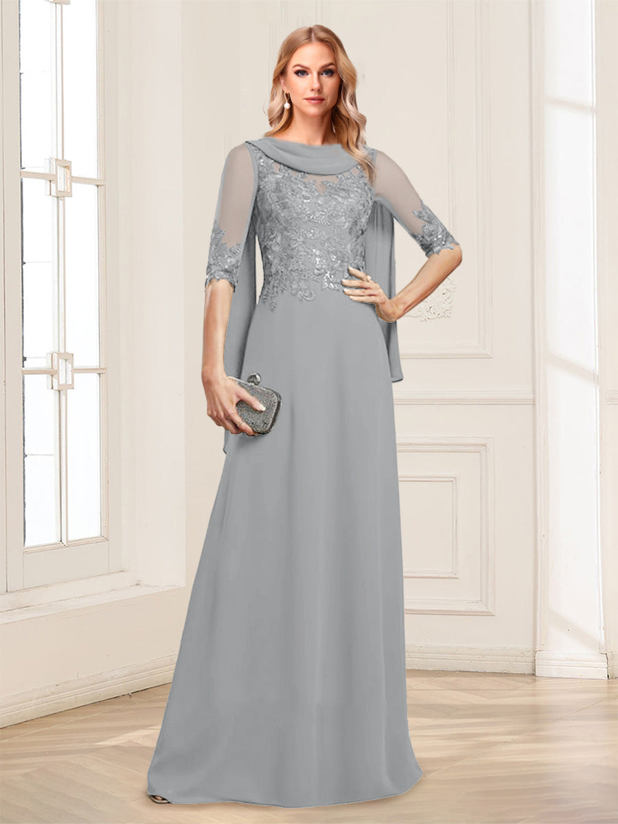 A-Line/Princess Scoop Half Sleeves Floor-Length Mother of the Bride Dresses with Lace&amp;Ruched