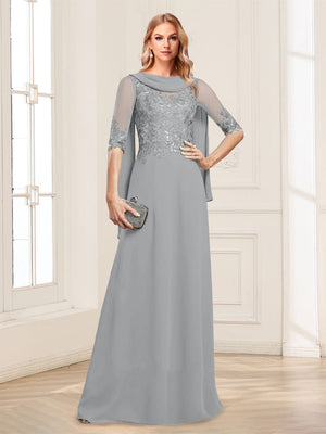 A-Line/Princess Scoop Half Sleeves Floor-Length Mother of the Bride Dresses with Lace&Ruched