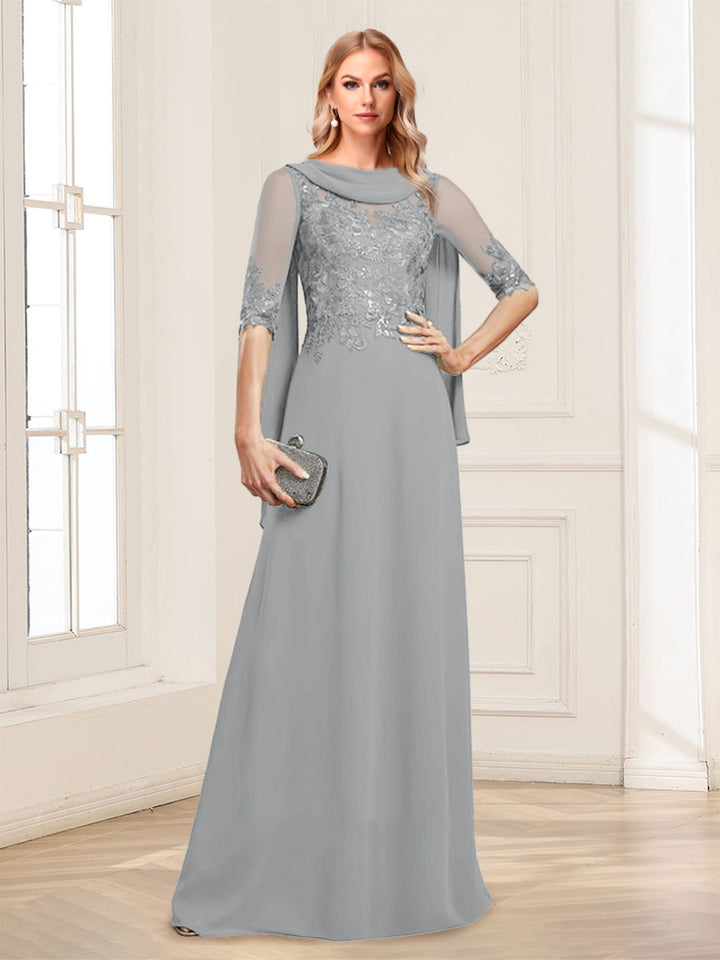 A-Line/Princess Scoop Half Sleeves Floor-Length Mother of the Bride Dresses with Lace&amp;Ruched
