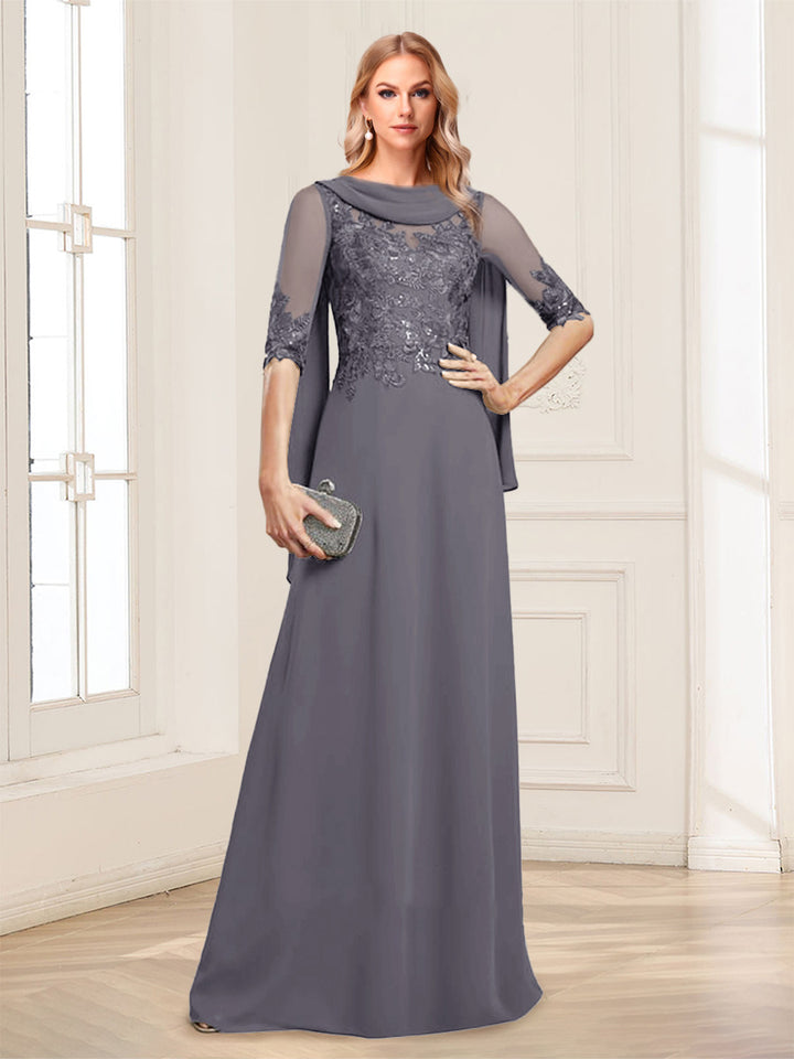 A-Line/Princess Scoop Half Sleeves Floor-Length Mother of the Bride Dresses with Lace&amp;Ruched