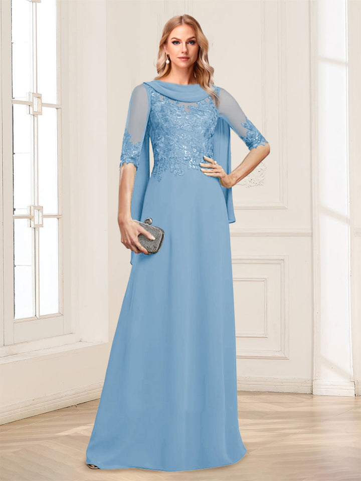 A-Line/Princess Scoop Half Sleeves Floor-Length Mother of the Bride Dresses with Lace&amp;Ruched