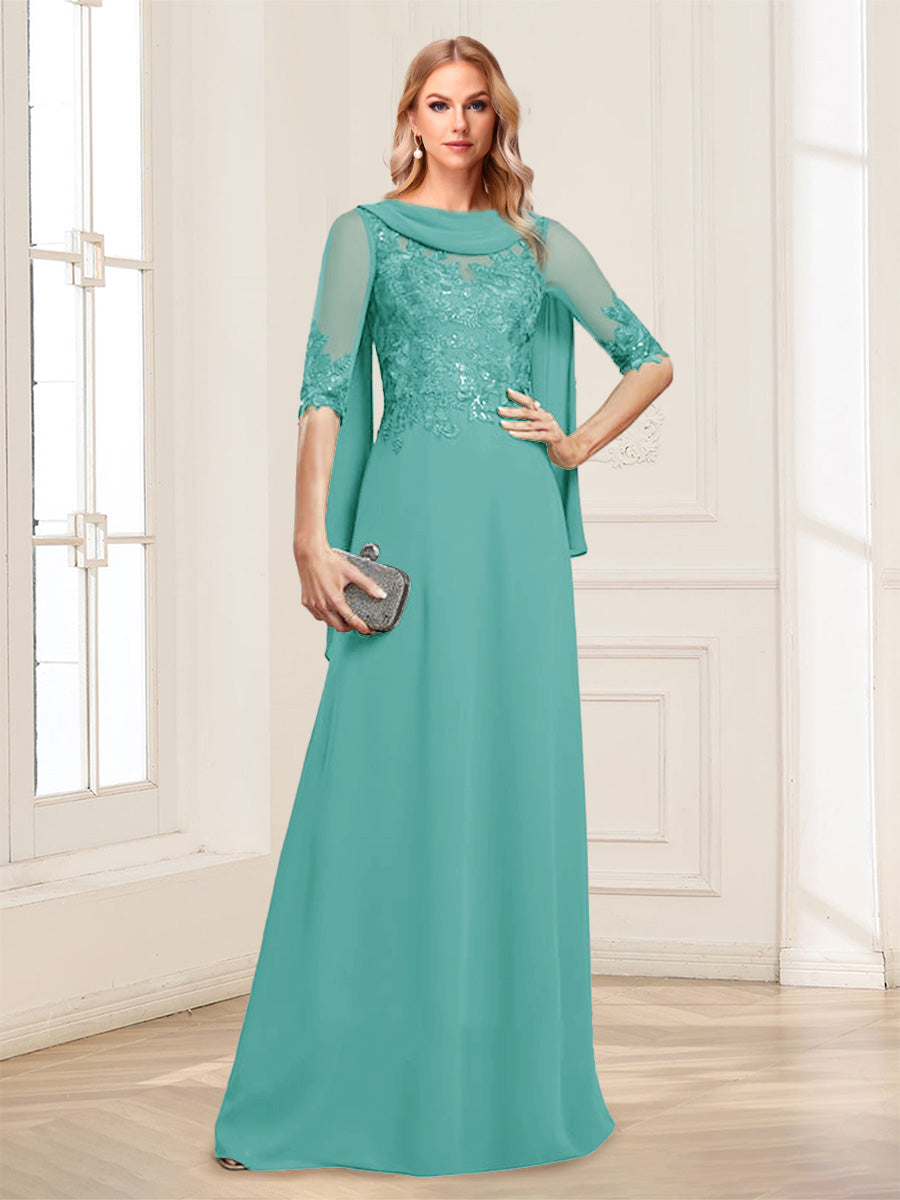 A-Line/Princess Scoop Half Sleeves Floor-Length Mother of the Bride Dresses with Lace&amp;Ruched