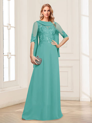 A-Line/Princess Scoop Half Sleeves Floor-Length Mother of the Bride Dresses with Lace&Ruched