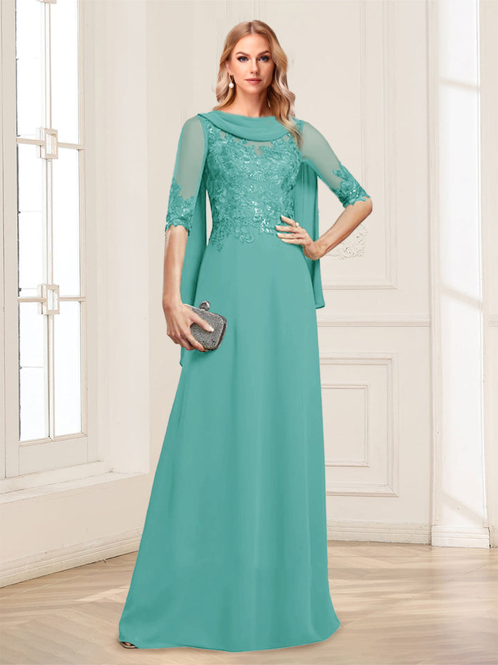 A-Line/Princess Scoop Half Sleeves Floor-Length Mother of the Bride Dresses with Lace&amp;Ruched