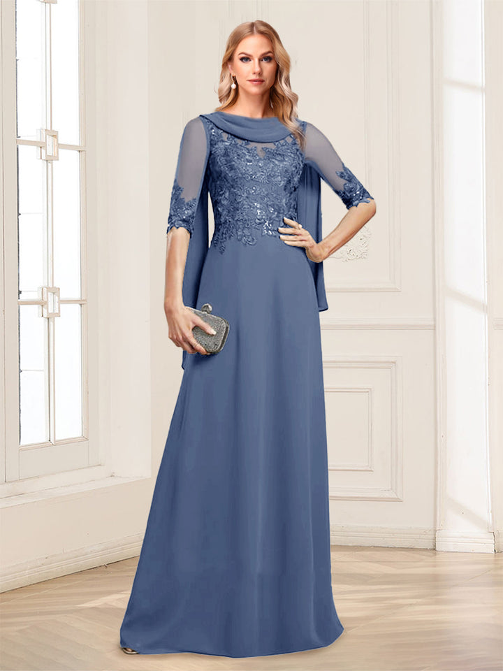 A-Line/Princess Scoop Half Sleeves Floor-Length Mother of the Bride Dresses with Lace&amp;Ruched