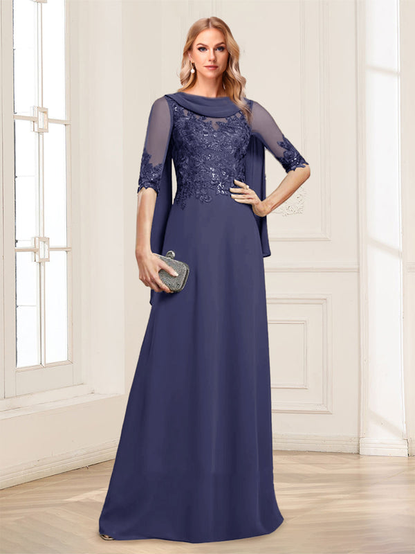 A-Line/Princess Scoop Half Sleeves Floor-Length Mother of the Bride Dresses with Lace&Ruched