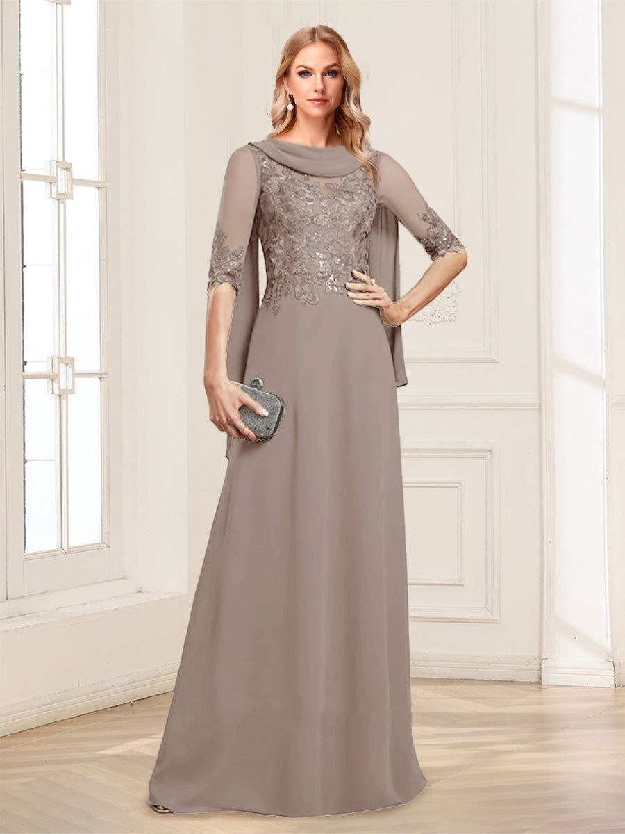 A-Line/Princess Scoop Half Sleeves Floor-Length Mother of the Bride Dresses with Lace&amp;Ruched