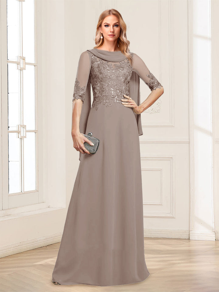 A-Line/Princess Scoop Half Sleeves Floor-Length Mother of the Bride Dresses with Lace&amp;Ruched
