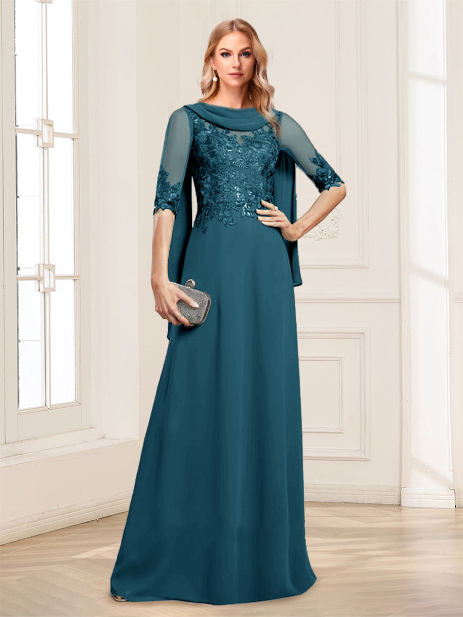 A-Line/Princess Scoop Half Sleeves Floor-Length Mother of the Bride Dresses with Lace&amp;Ruched