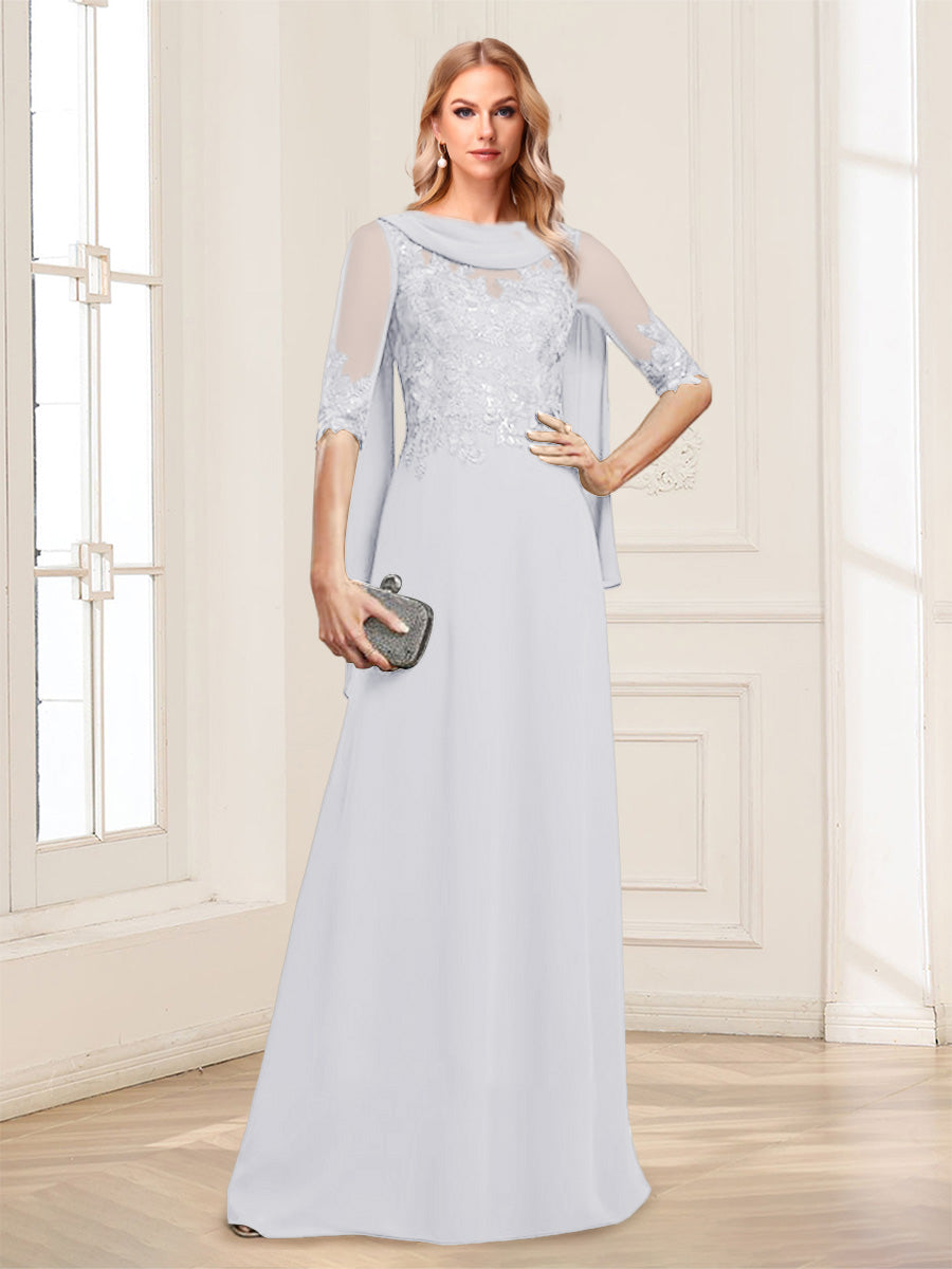 A-Line/Princess Scoop Half Sleeves Floor-Length Mother of the Bride Dresses with Lace&amp;Ruched