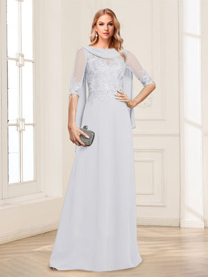 A-Line/Princess Scoop Half Sleeves Floor-Length Mother of the Bride Dresses with Lace&Ruched