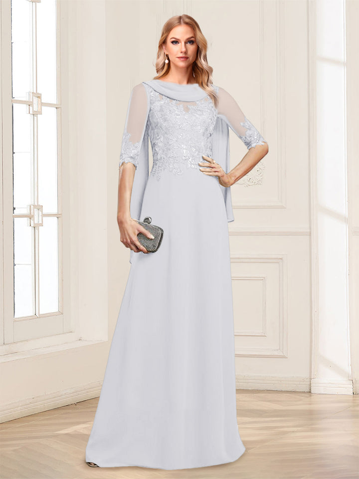 A-Line/Princess Scoop Half Sleeves Floor-Length Mother of the Bride Dresses with Lace&amp;Ruched